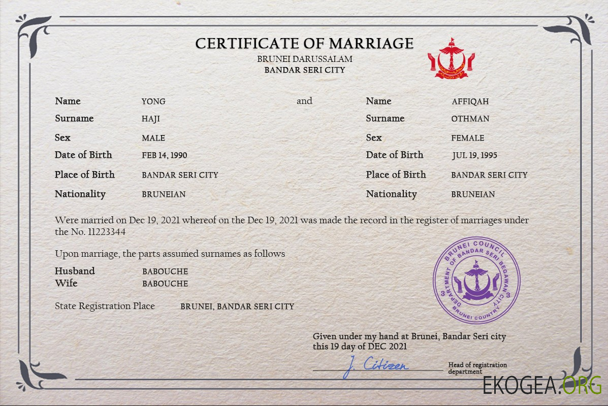 Modèle PSD de certificat de mariage de Brunei